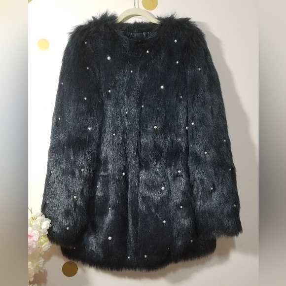 L'Eclipse Navy Blue Vegan Faux FUR Pearl Design Fashion Coat L/XL NEW - Picture 1 of 5